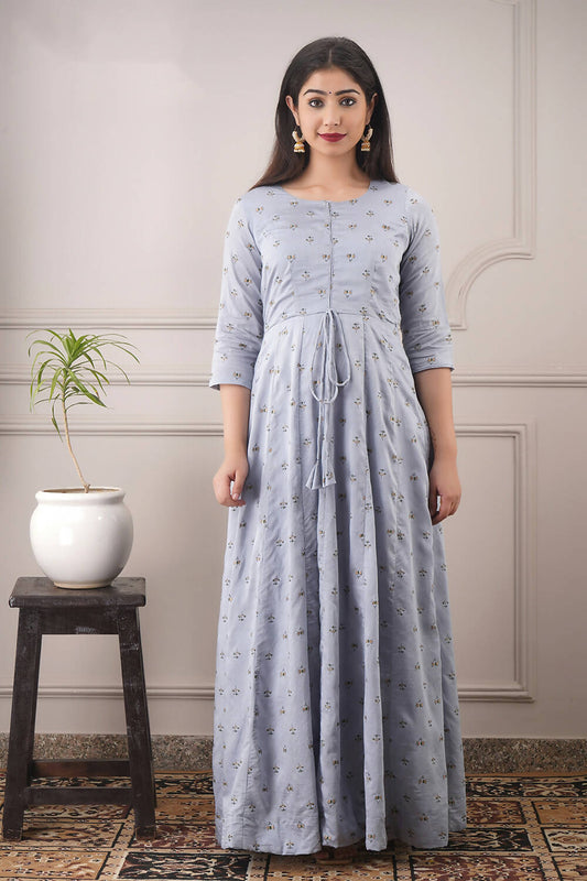 Partywear Designer Hand Screen and Foil Print Lightsteelgrey Pure chanderi Gown - Anbazaar