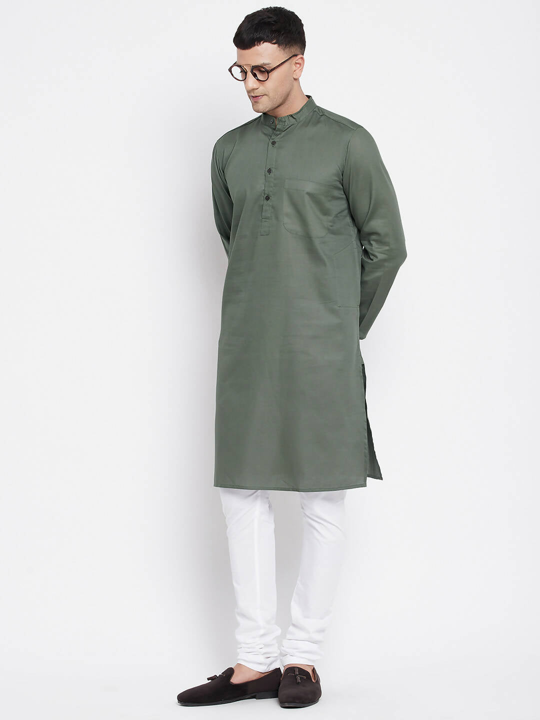 Even Apparels Green Color Linen Men's Kurta With Band Collar