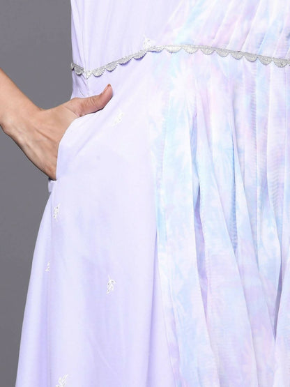 Ahalyaa Blue & White Floral Print Ethnic Maxi Dress with Attached Dupatta