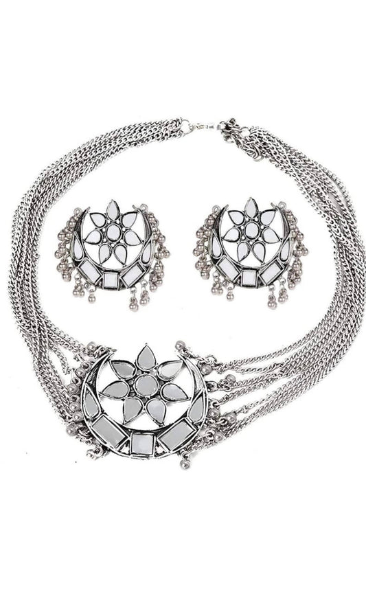 Mominos Fashion Silver color Necklace with Mirror work Mangalsutra