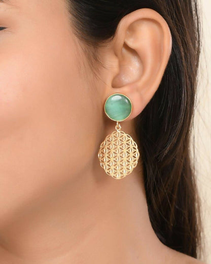 VOJ One Gram Gold-Polished Teal Colored Stone Studded Earrings