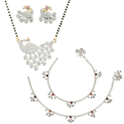 AanyaCentric Gold-Polished Mangalsutra Pendant Earring Set & Silver Plated Anklet