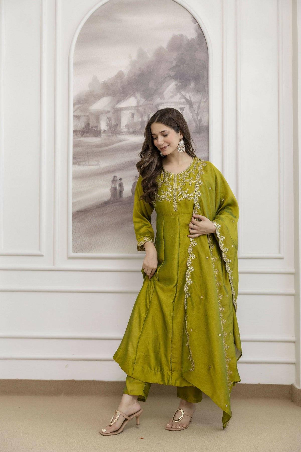 The52 Light Green Women's Beautiful Vichitra Silk Fabric Embroidered Work Flared Anarkali Pant and Dupatta Set