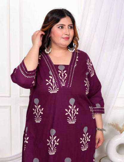 Miravan Women's Plus Size Cotton Fabric Purple Kurta With Palazzo