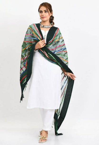 Mominos Fashion Moeza Women's Orgenza Multi Thread Mirror Work Bottle Green Dupatta