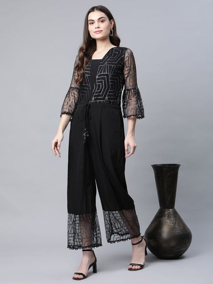Ahalyaa Womens Crepe & Net Black Printed Jumpsuit