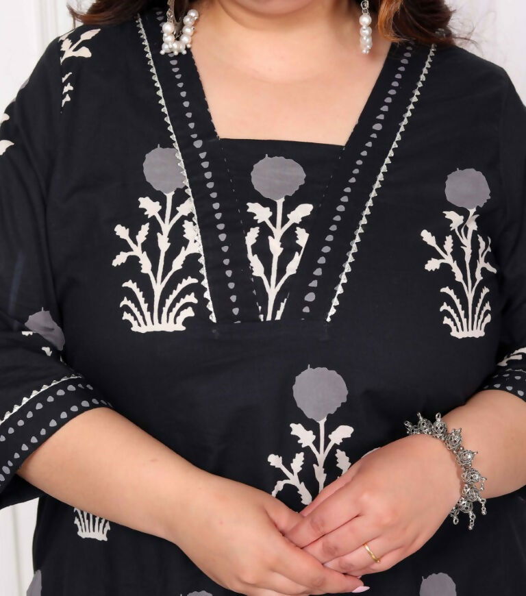Miravan Women's Plus Size Cotton Gota Patti Black Floral Printed Straight Kurta Palazzo With Dupatta Set