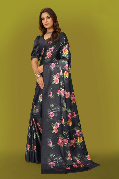 Aayaa Designer Printed Satin Saree - Multi Color