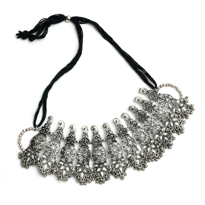 Mominos Fashion Johar Kamal Oxidised Silver-Plated Brass Finish Temple Jewellery with Earrings For Women