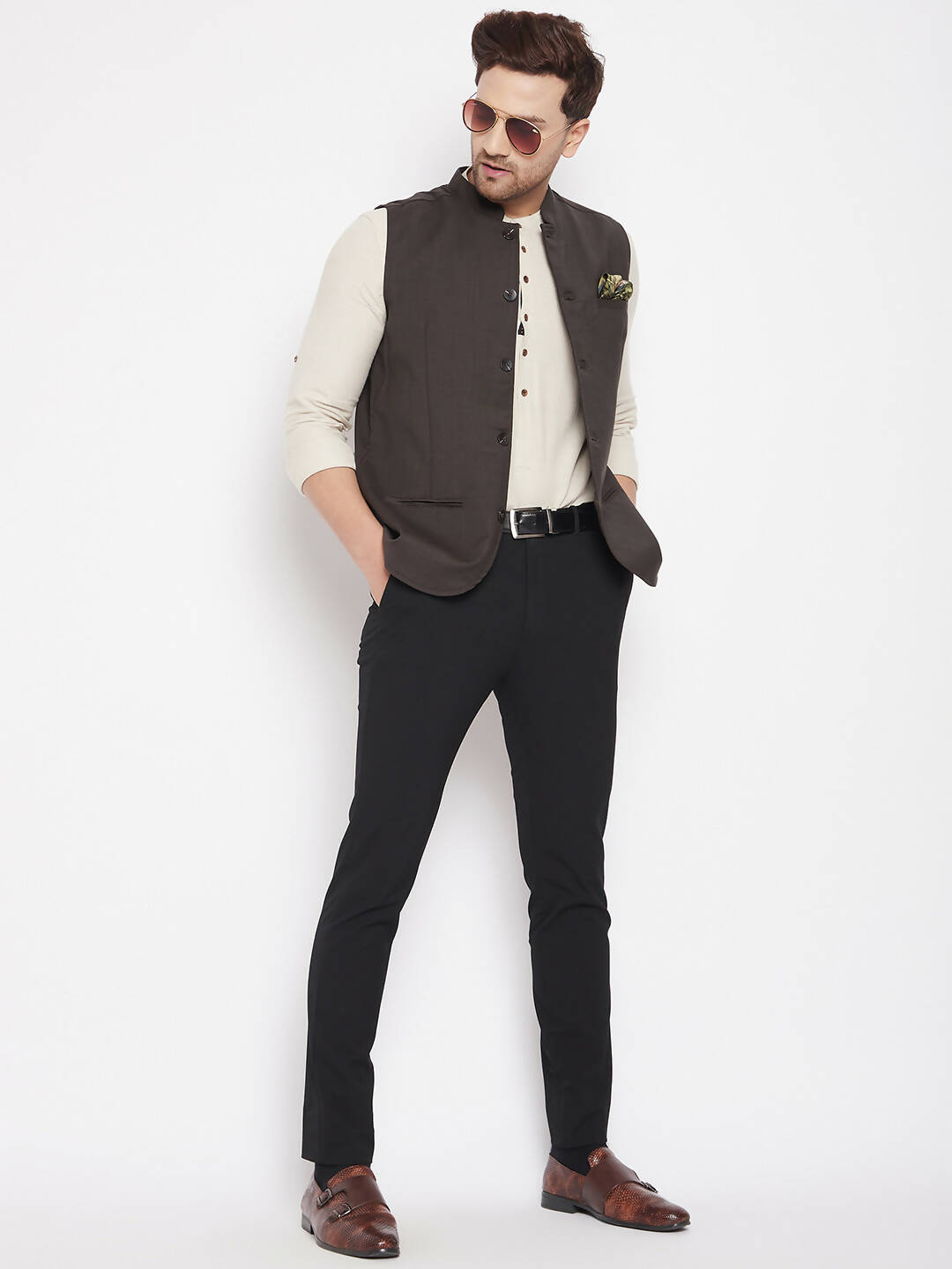 Even Apparels Brown Merino Men Woven Nehru Jacket