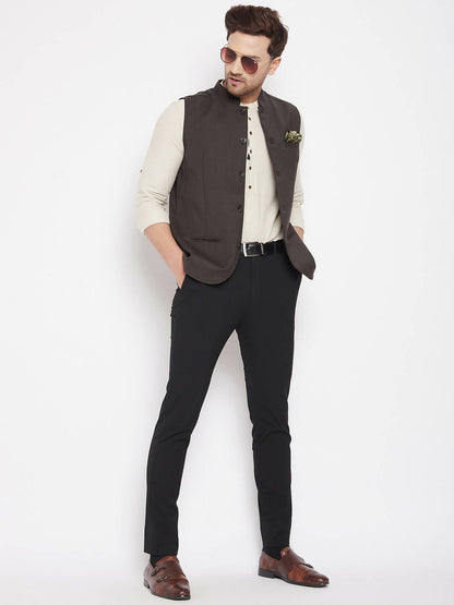 Even Apparels Brown Merino Men Woven Nehru Jacket