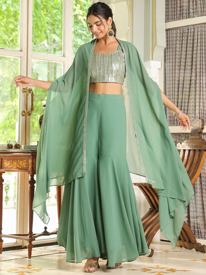 Janasya Sage Green Georgette Sequined Top Bottom Cape