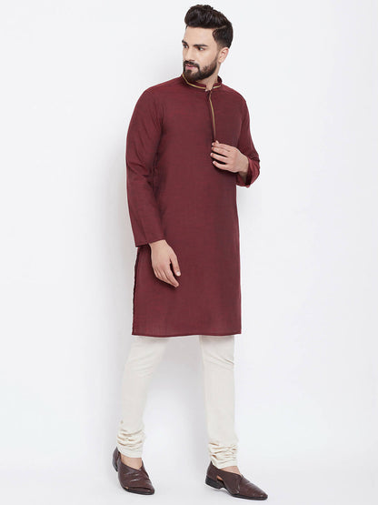 Even Apparels Maroon Pure Cotton Men's Kurta With Band Collar