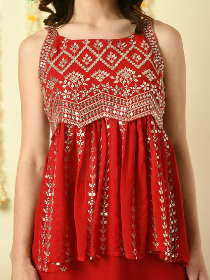 Myshka Women's Red Georgette Top With Palazzos Party Sets