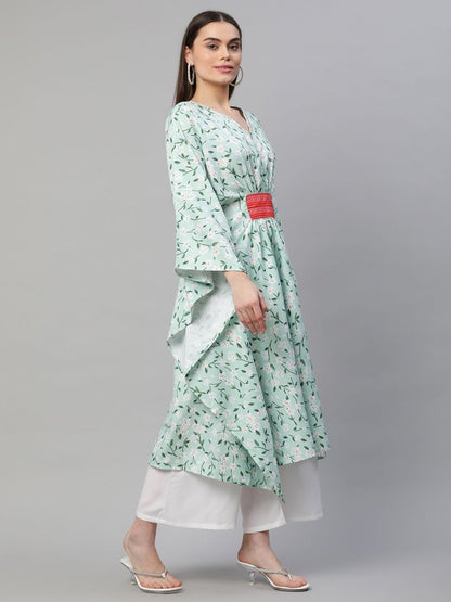 Ahalyaa Women Light Green Rayon Printed Flared Sleeve Kaftan Kurta