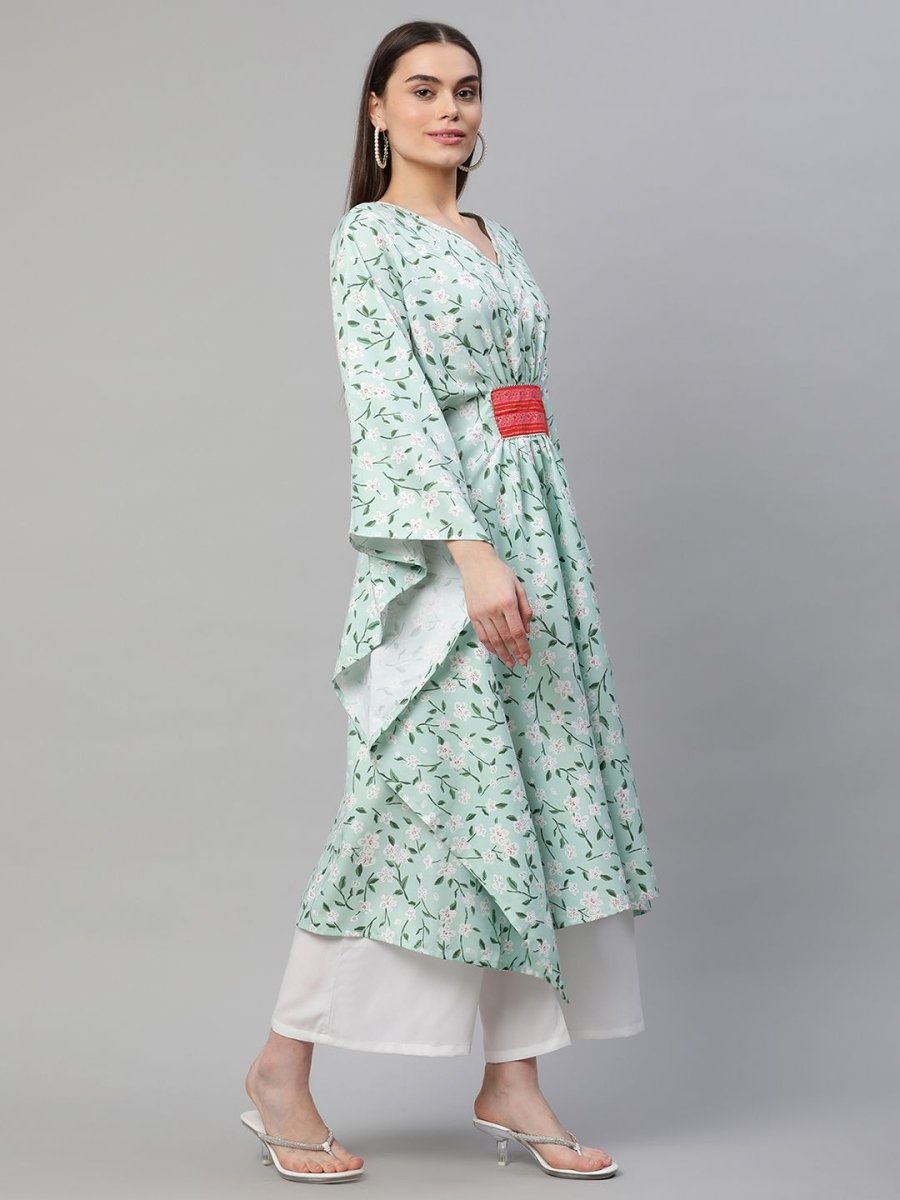 Ahalyaa Women Light Green Rayon Printed Flared Sleeve Kaftan Kurta