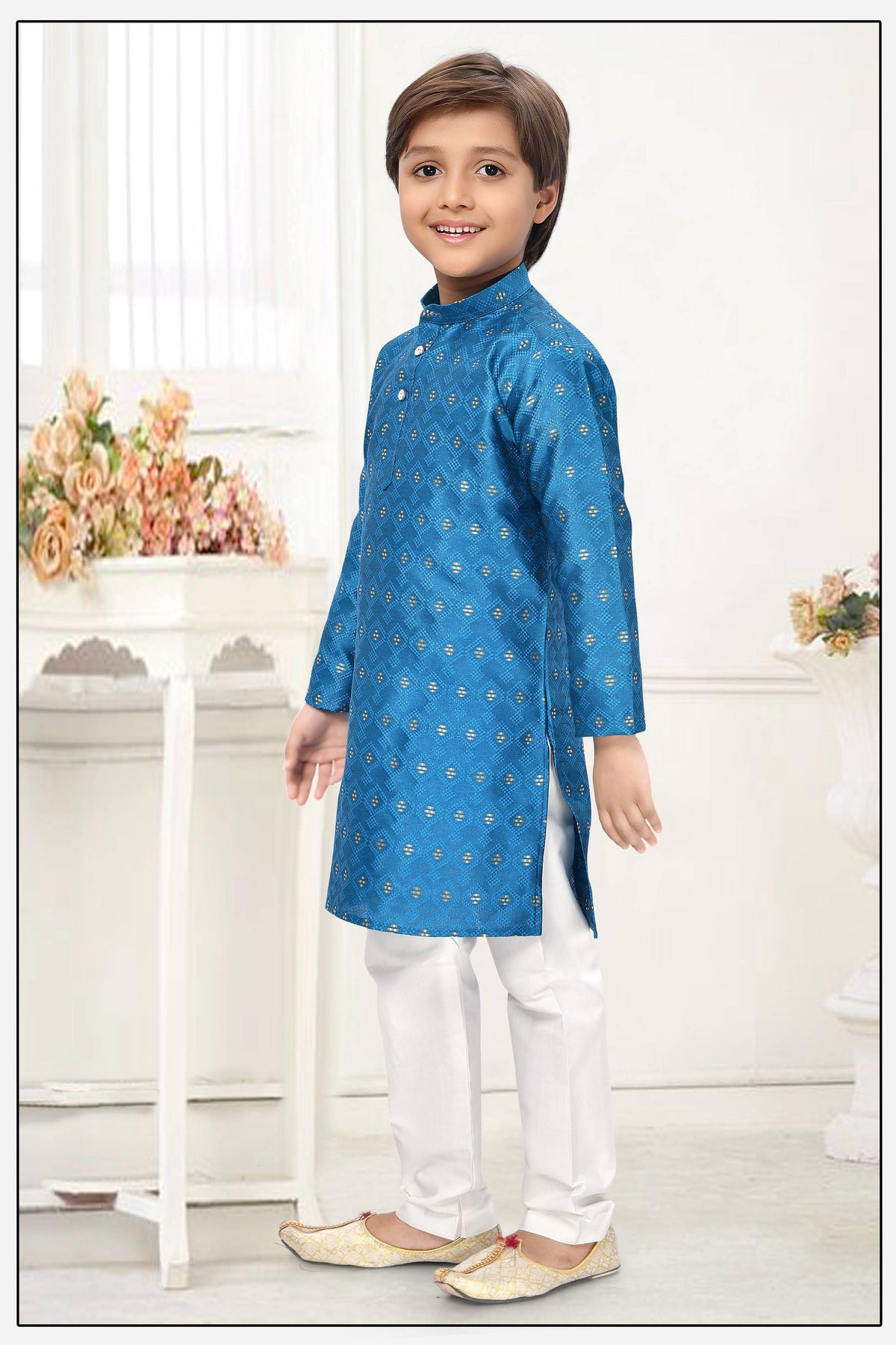 Neera Trendz Blue Jacquard Zari Work Kid's Kurta With Pyjama