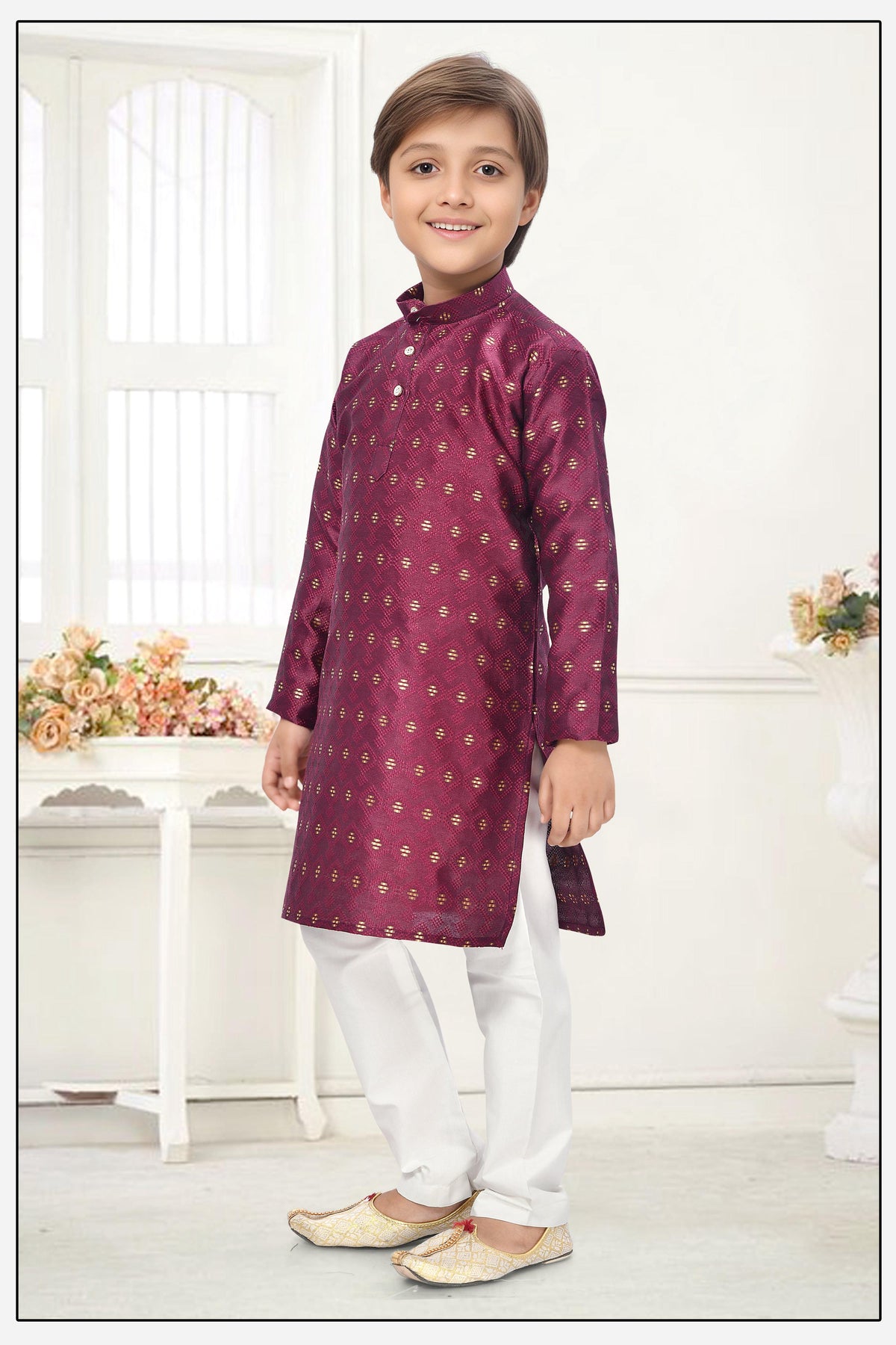 Neera Trendz Wine Jacquard Zari Work Kid's Kurta With Pyjama