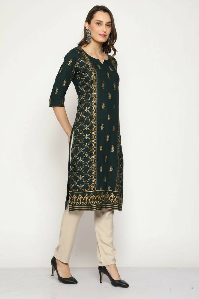 Maai Rayon Hand Printed Kurta Green
