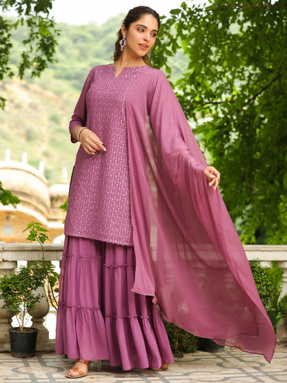 Janasya Lavender Georgette Embroidered Kurta,Bottom & Dupatta