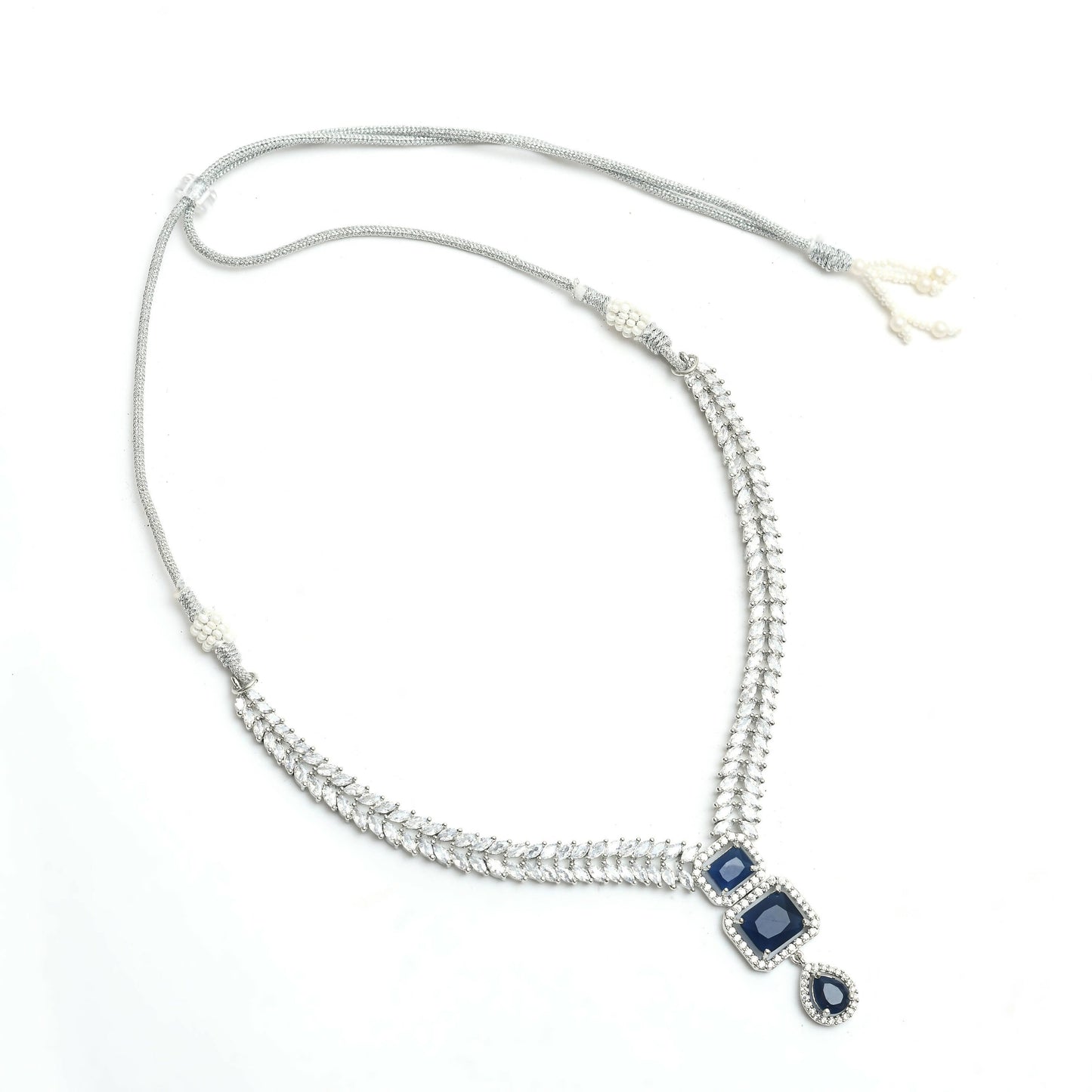 Mominos Fashion Johar Kamal Silver-Plated American Diamond Navy Blue Choker Set