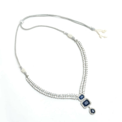 Mominos Fashion Johar Kamal Silver-Plated American Diamond Navy Blue Choker Set