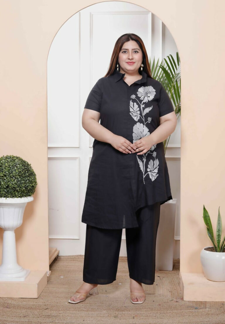 Miravan Women's Plus Size Black Pure Cotton Floral Embroidered High Low Co-Ord Set