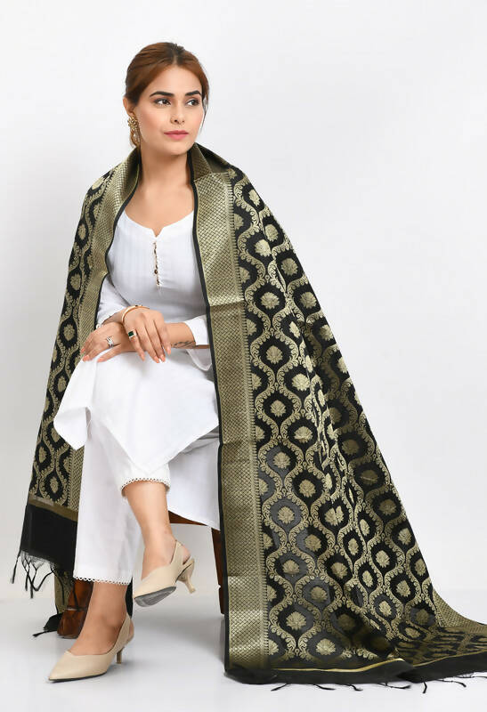 Mominos Fashion Moeza Women's Banarsi Silk All Over Woven Design Black Dupatta