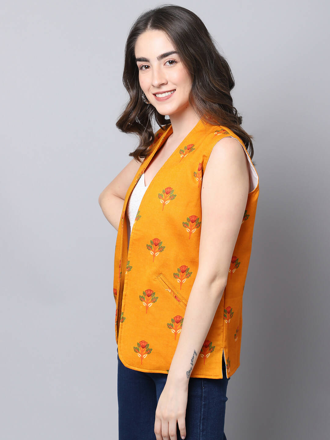 Even Apparels Yellow Viscose Rayon Open Front Waistcoat