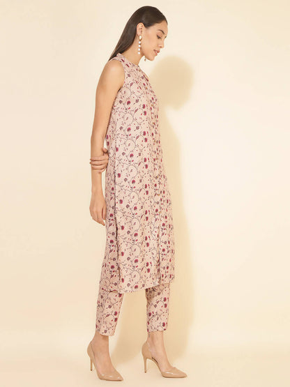 Janasya Women's Beige Moss Digital Floral Printed Casual Straight Co-ords