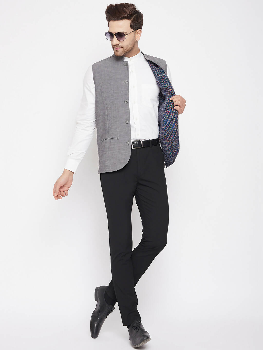 Even Apparels Grey Merino Men's Nehru Jacket-Contrast Lining-Free Pocket Square PW690