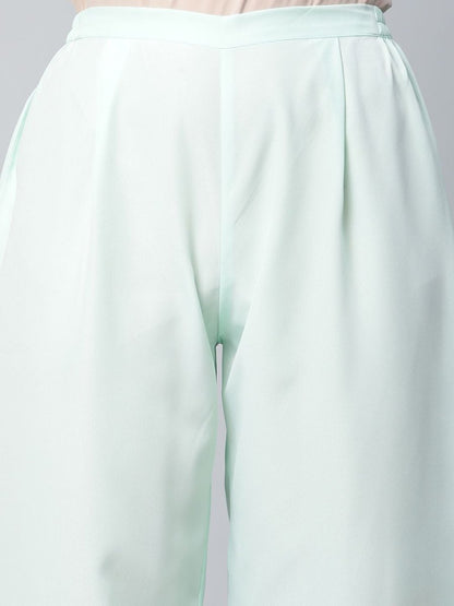 Ahalyaa Women Sea Green Organza Romantic Florals Kurta Palazzo Set