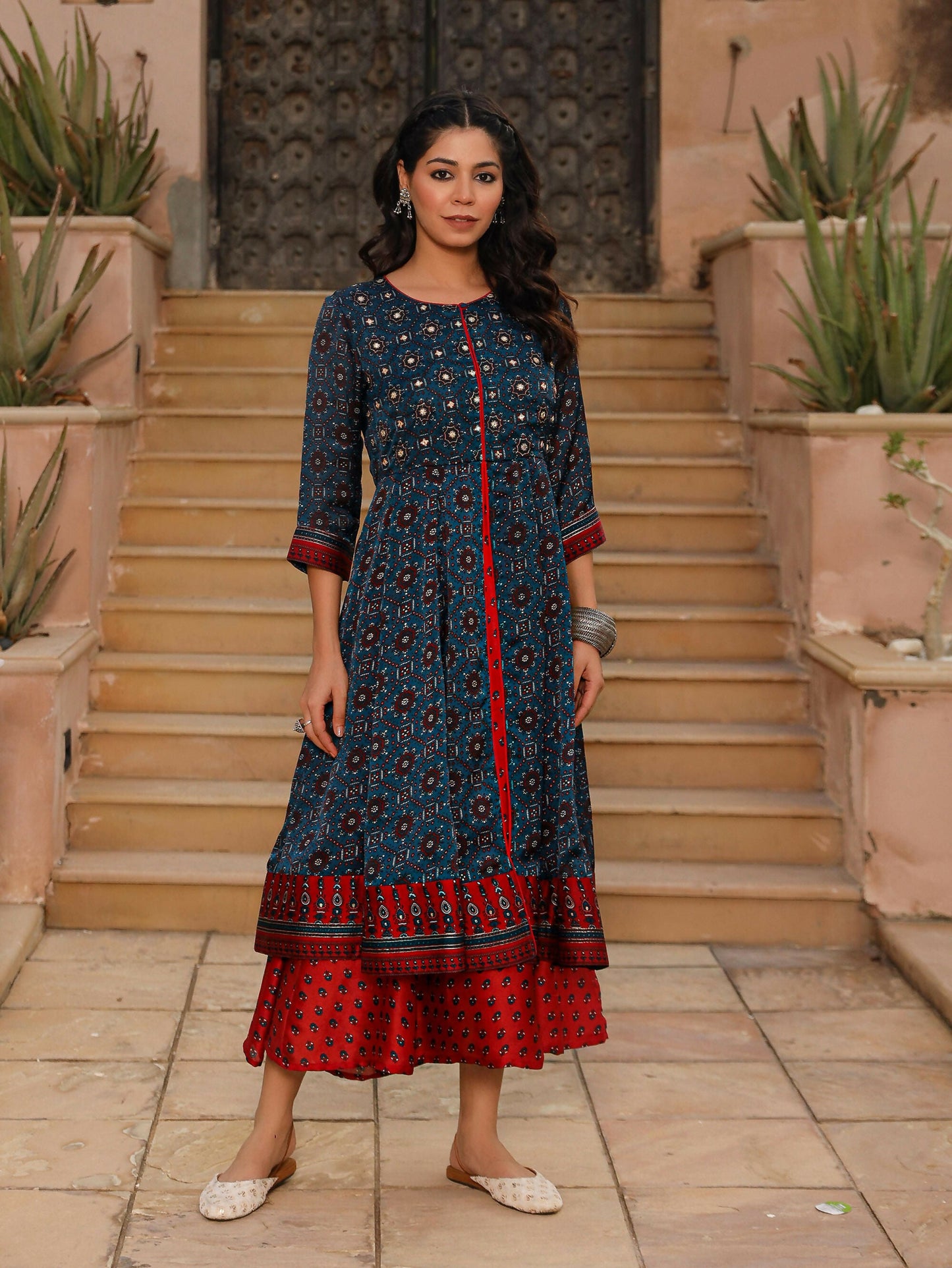 Juniper Women's The Chitrahar Blue Ethnic Motif Printed Cotton Dress With Mirror Work