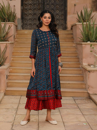 Juniper Women's The Chitrahar Blue Ethnic Motif Printed Cotton Dress With Mirror Work