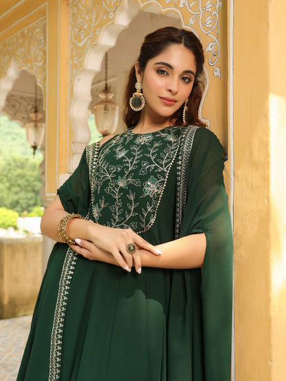 Janasya Dark Green Georgette Embroidered Dress & Jacket