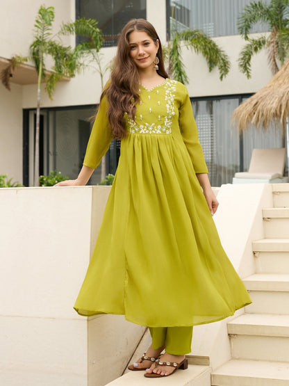 The52 Lemons Women's Gorgeous Chinon Embroidered Flared Kurta with Pant And Dupatta Set