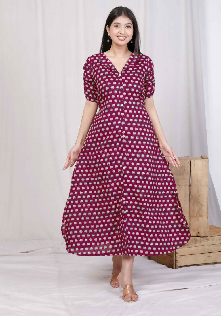 Miravan Women's Relaxed Fit Red Floral Printed A-Line Pure Cotton Midi Dress