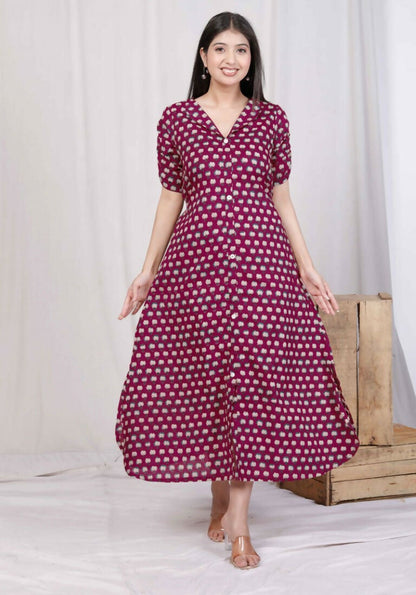 Miravan Women's Relaxed Fit Red Floral Printed A-Line Pure Cotton Midi Dress
