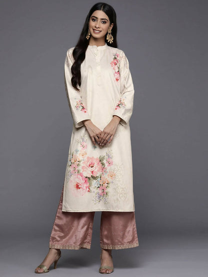 Ahalyaa Women Cream-Coloured & Pink Floral Printed Gotta Patti Floral Velvet Kurta