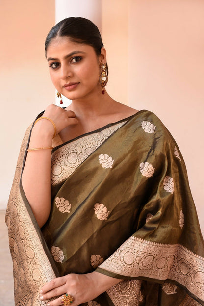 Joban Fashion Olive Green Banarasi Katan Pure Handloom Banarasi Silk Saree