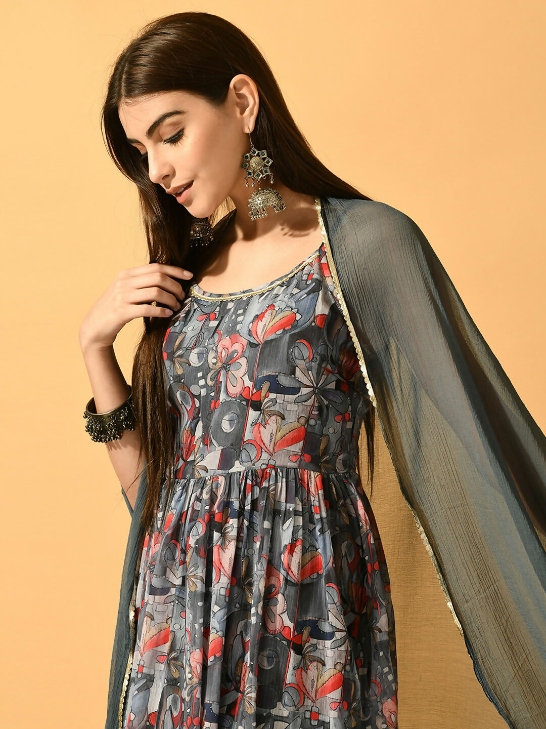 Myshka Women's Grey Festive Flared Anarkali Kurta With Dupatta sets