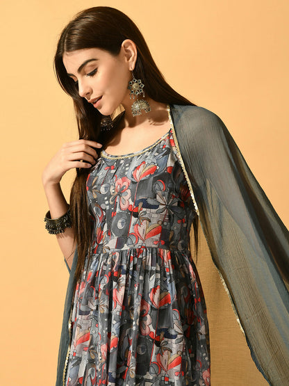 Myshka Women's Grey Festive Flared Anarkali Kurta With Dupatta sets