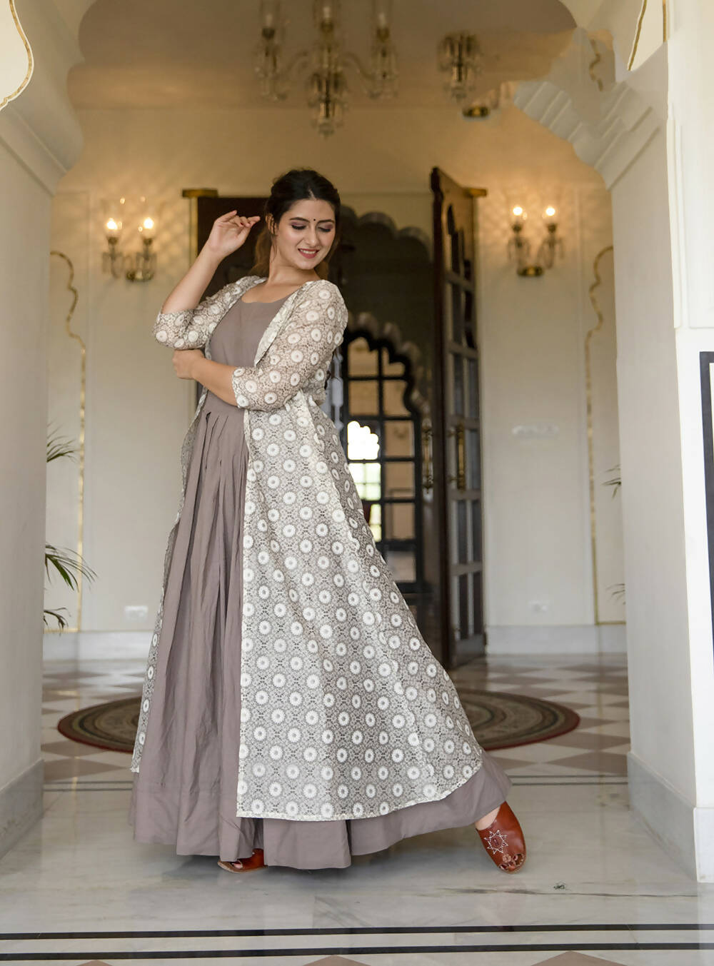 Partywear Designer Digital print Grey Maslin Gown - Anbazaar