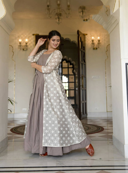 Partywear Designer Digital print Grey Maslin Gown - Anbazaar