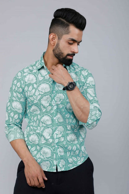 Miravan Men's Cotton Green Floral Printed Slim Fit Shirt