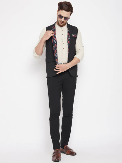 Even Apparels Black Merino Men's Nehru Jacket-Contrast Lining-Inbuilt Pocket Square
