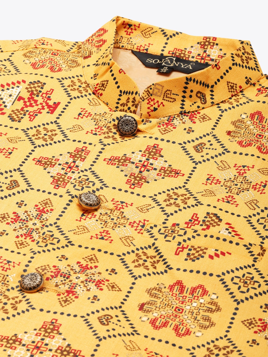 Sojanya Men Mustard Yellow Pure Cotton Kurta with Churidar & Nehru Jacket