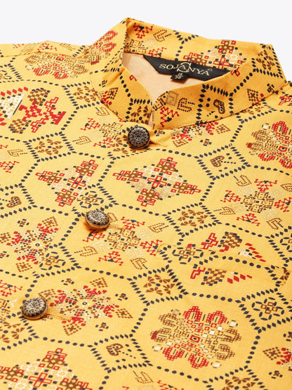 Sojanya Men Mustard Yellow Pure Cotton Kurta with Churidar & Nehru Jacket