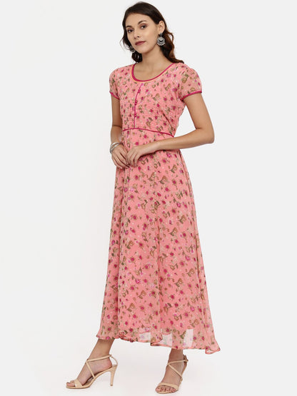 Souchii Women Pink Printed Fit and Flare Dress
