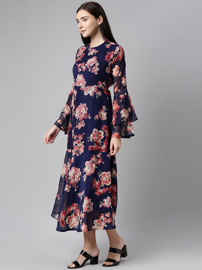 Souchii Navy Blue Floral Chiffon Midi Dress